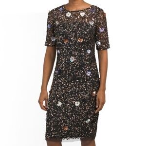 Adrianna Papell | Hand Beaded 3d Floral Illusion Short Sheath Cocktail Dress